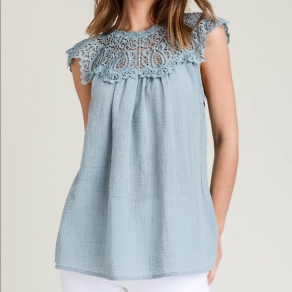 Blue Linen Top with lace - Picture 2 of 3
